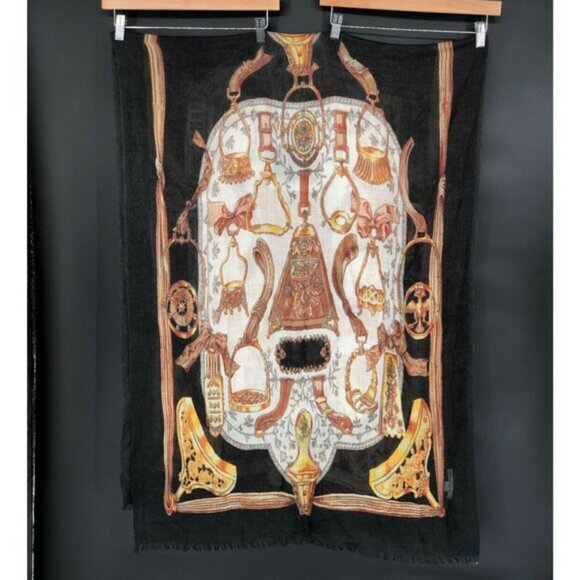 Captiva Cashmere Equestrian Featherweight Scarf Black & Gold Old Money Preppy - Picture 3 of 8